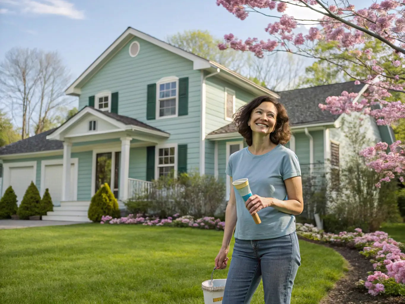 A satisfied Cyber Clean USA customer smiling and giving a thumbs-up in front of their freshly cleaned home, showcasing the positive results and customer satisfaction.