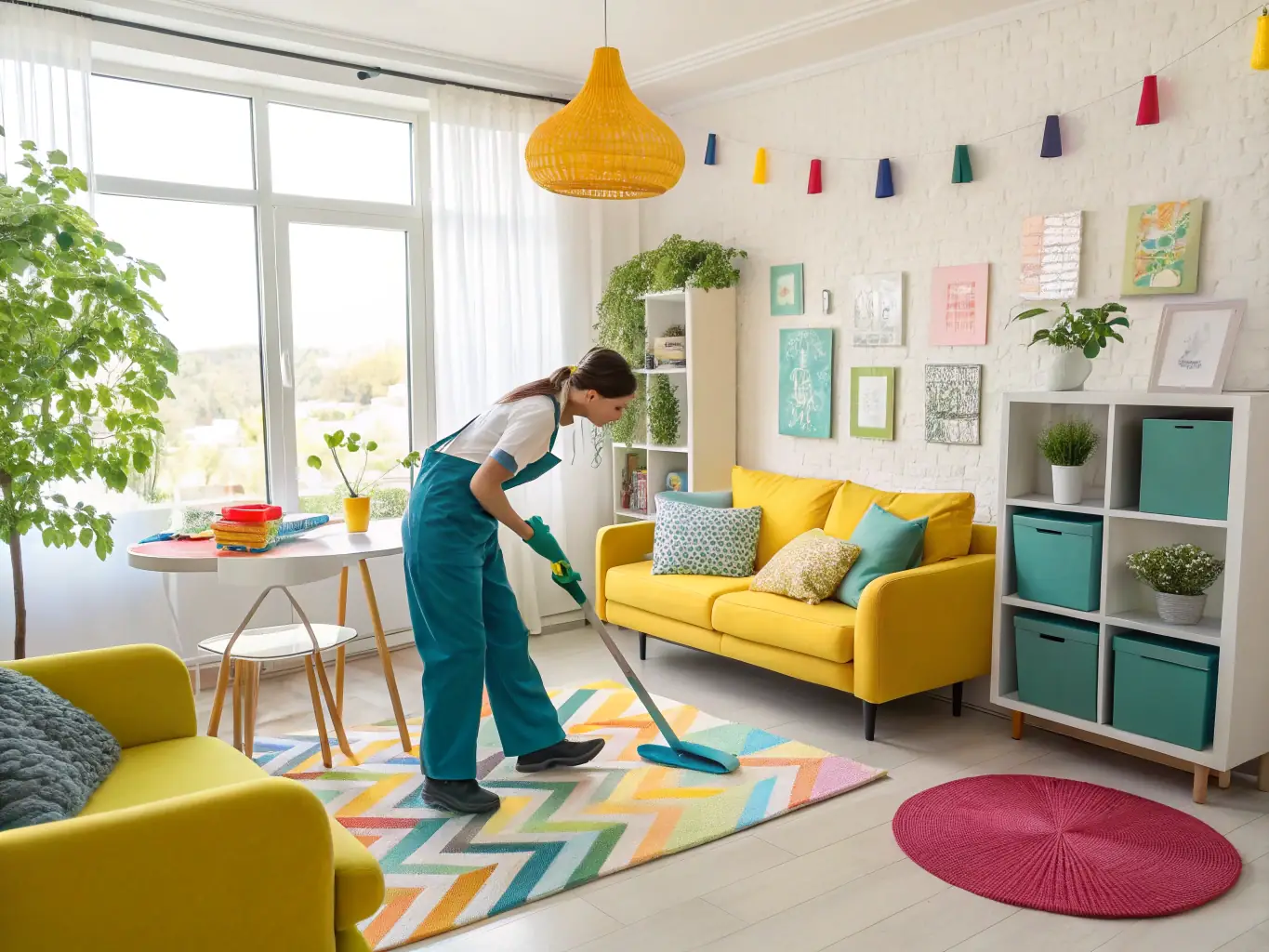 A friendly Cyber Clean USA cleaning team member interacting with a happy customer in a spotless, sunlit living room, emphasizing trust and satisfaction.