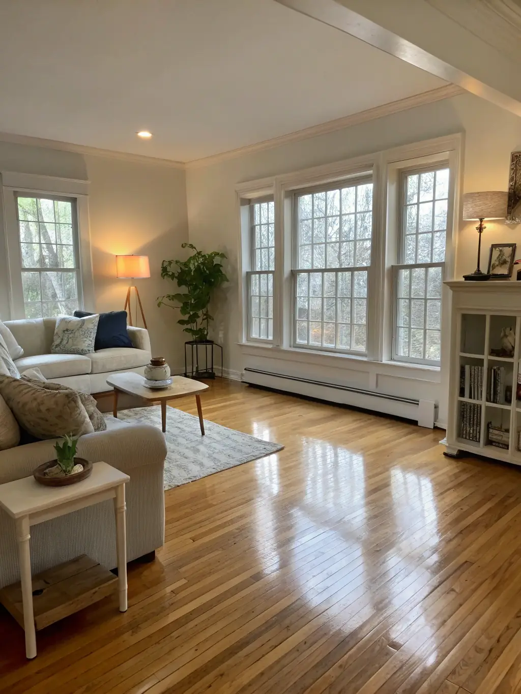 A cozy living room with natural light, showcasing the dust-free surfaces and allergen-free environment achieved by Cyber Clean USA's eco-friendly cleaning.