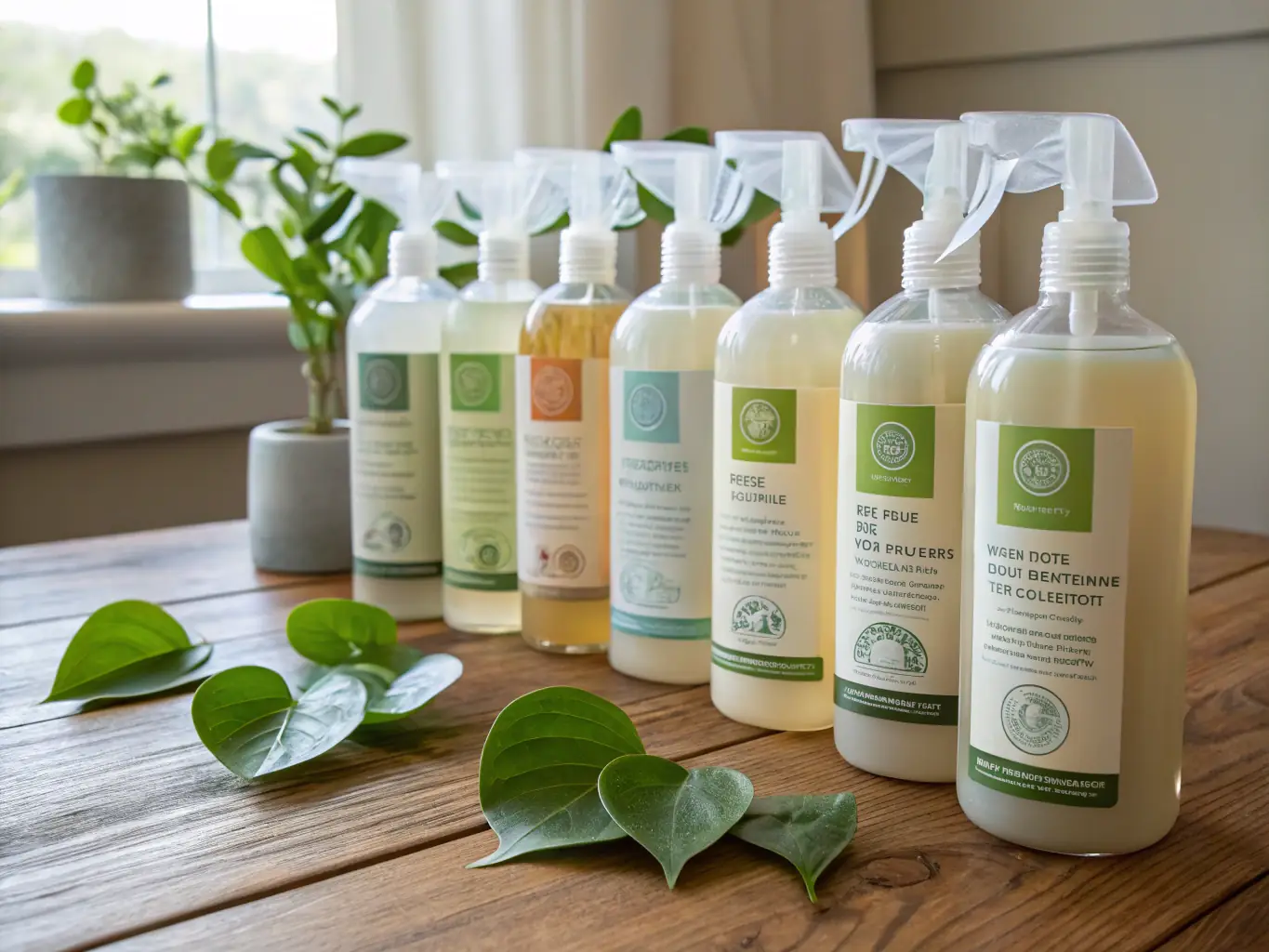 A collection of eco-friendly cleaning products used by Cyber Clean USA, displayed neatly with green leaves and natural elements, highlighting their commitment to sustainability.